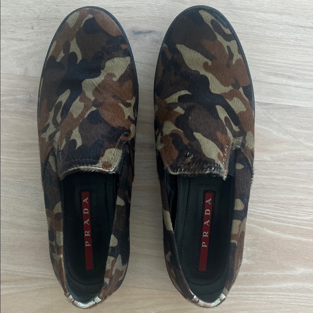 Prada Calf Hair Camouflage Slip On Sneaker Loafers